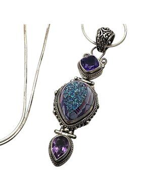 Sarda Amethyst Drusy Quartz Sterling Silver Pendant Necklace 22 Grams 20 Inch Ch